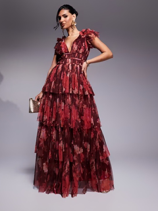 Lace & Beads Dresses & Skirts - ASOS Lace & Beads Ruffle Shoulder Tiered Maxi Dress in Deep Rose US 8